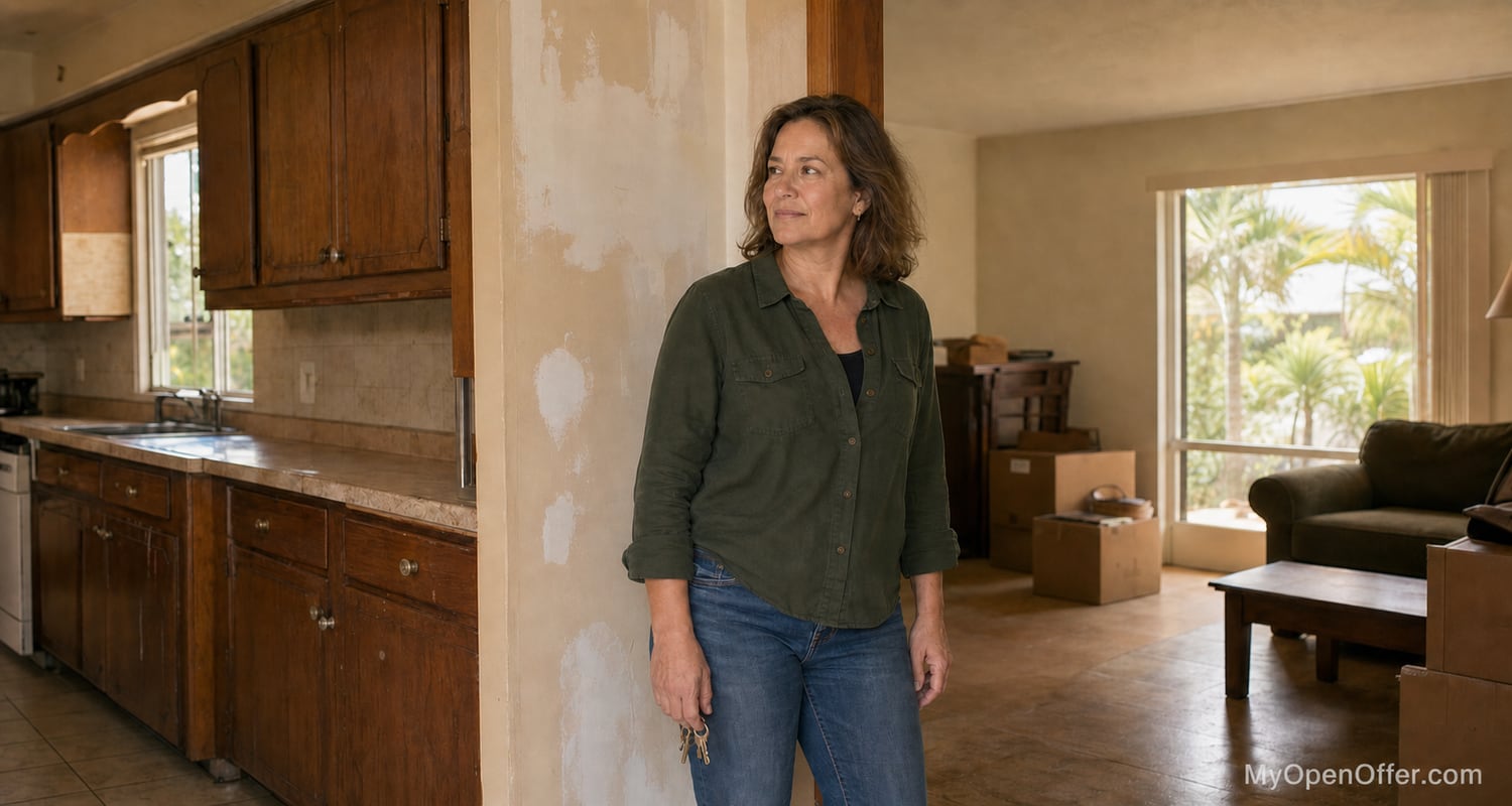 A homeowner holding her keys in a dated Florida kitchen with worn cabinets and patched walls, moving boxes in the next room
