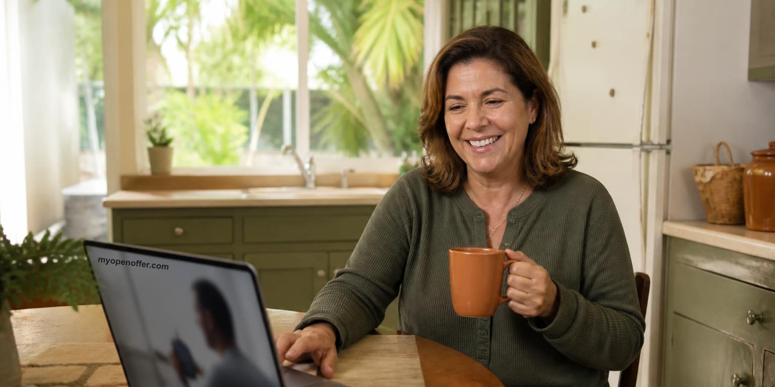 A smiling Florida homeowner at her kitchen table, on a myopenoffer.com video call about selling her house