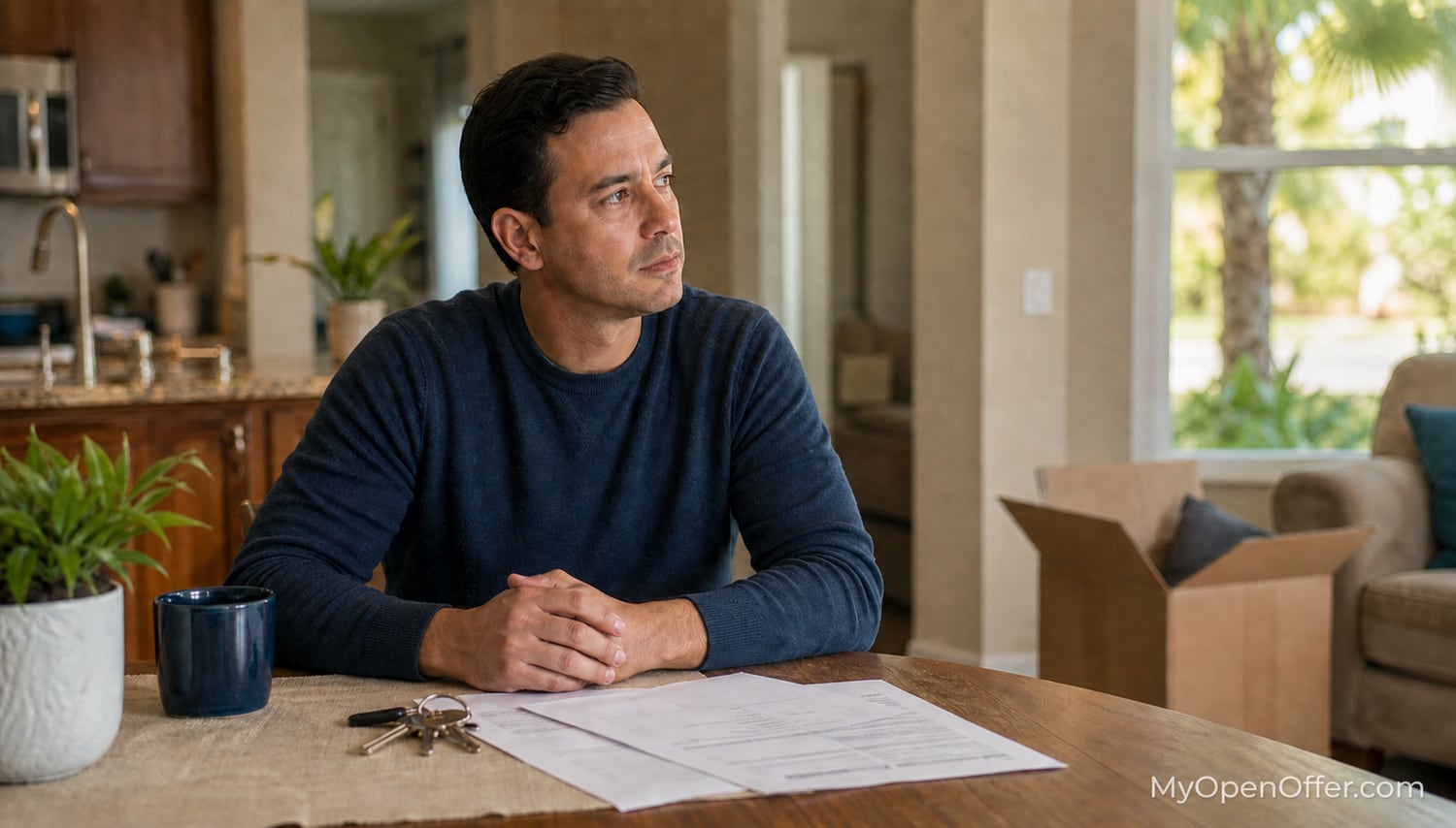 A Florida homeowner at his kitchen table with mortgage paperwork, house keys, and a moving box, considering his options
