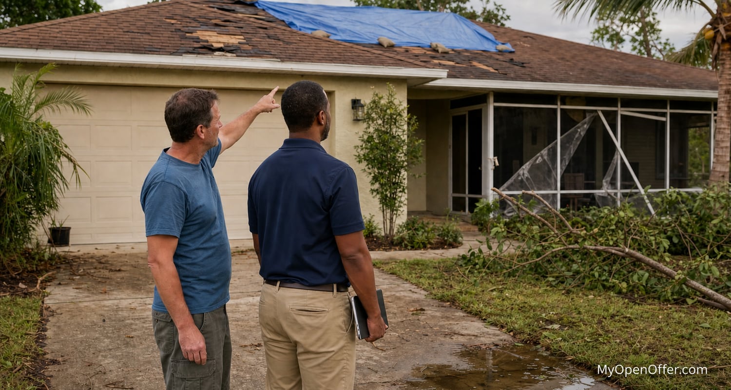 A homeowner pointing out storm damage on a Florida house with a blue tarp on the roof, torn shingles, a damaged lanai screen, and downed branches in the yard