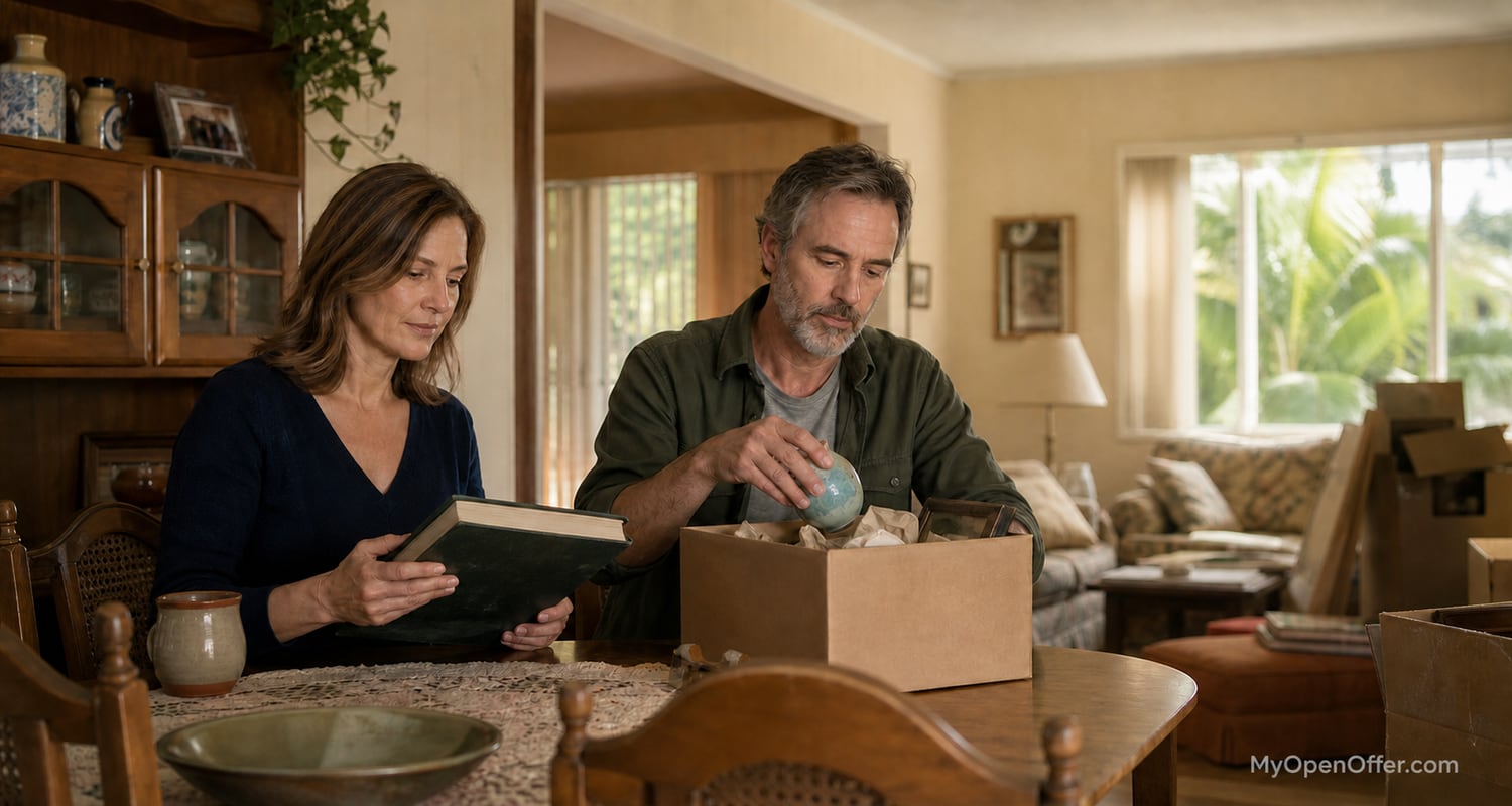 Two family members at a dining table in an inherited Florida home, sorting keepsakes and a photo album into a moving box