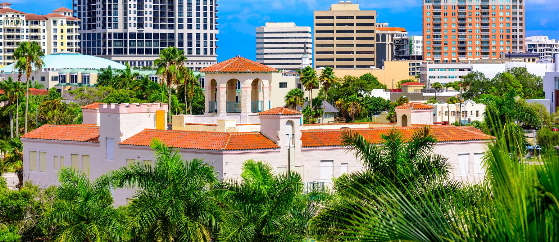 Downtown Sarasota, Florida skyline with Mediterranean Revival rooftops and palm trees